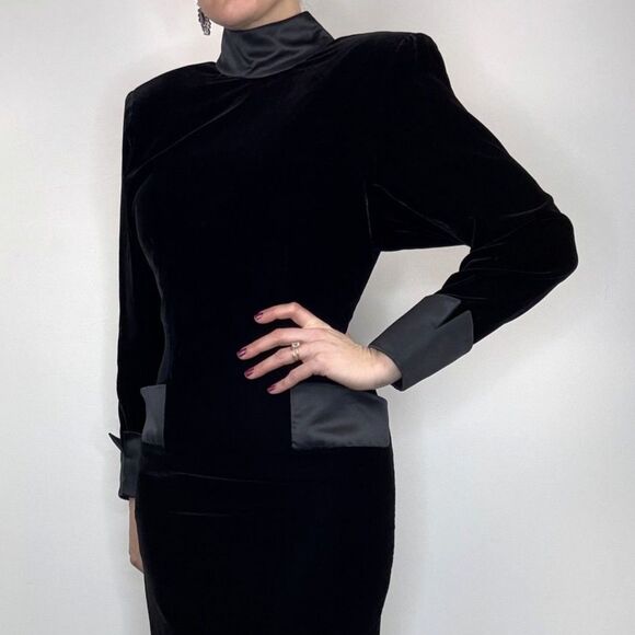 Vintage 80s Depêche Mode Black Velvet Cocktail Dress Satin Trim Mock Neck Korea - Picture 1 of 10